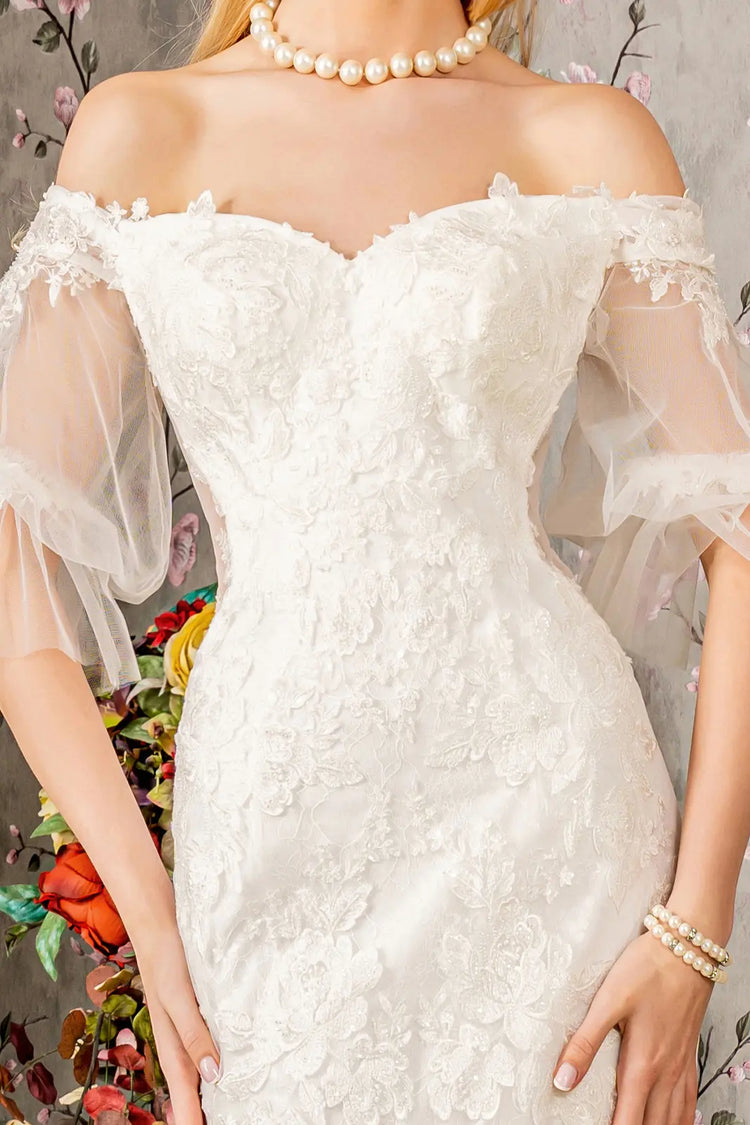 Floral embroidery bead sheer sleeves mesh mermaid wedding gown GLGL3479